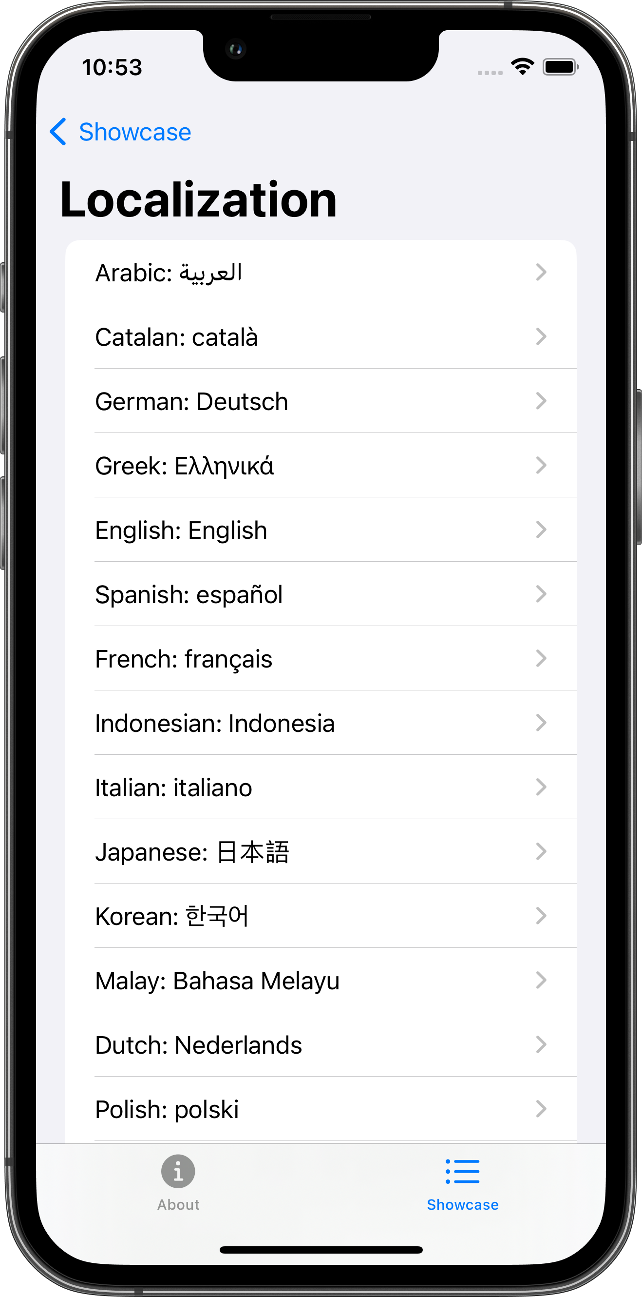 iPhone screenshot for Localization component (light mode)
