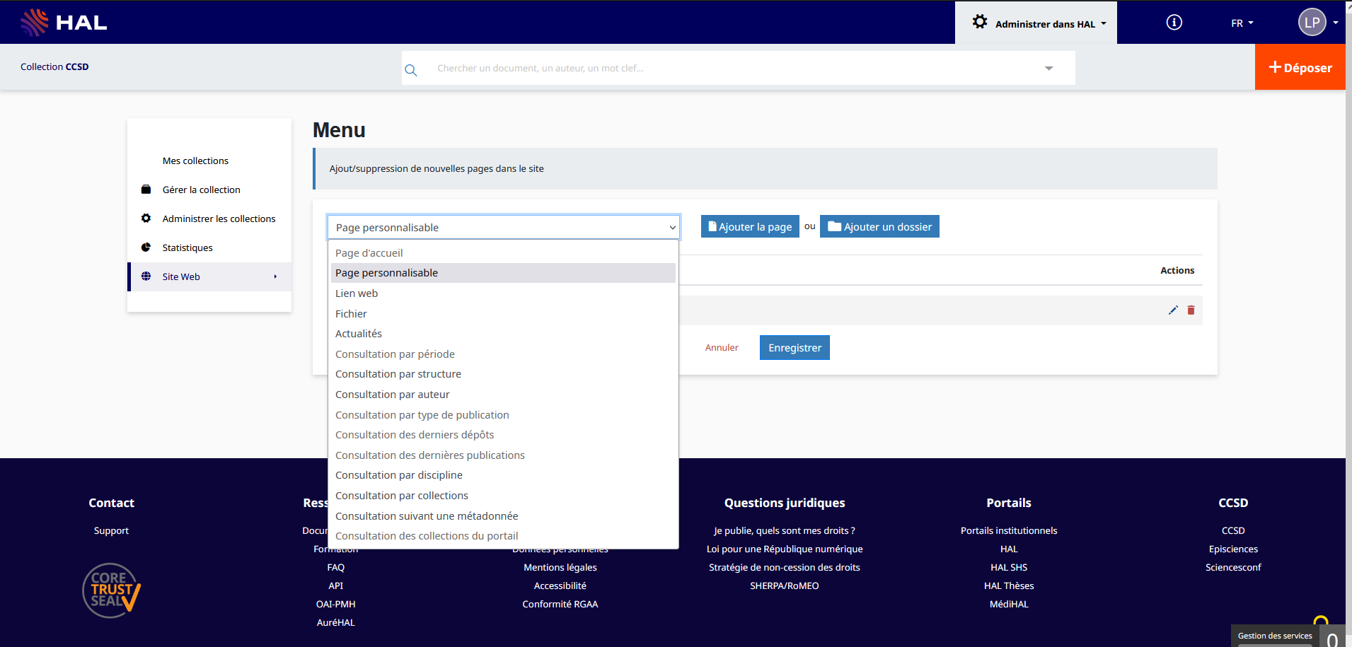 Menu de navigation : Ajout d'une page personnalisable