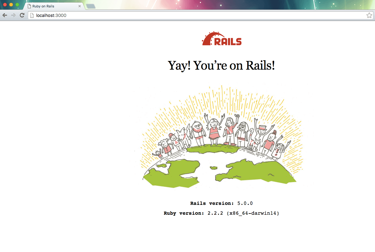 Screenshot of the browser on localhost 3000 showing the rails intro page