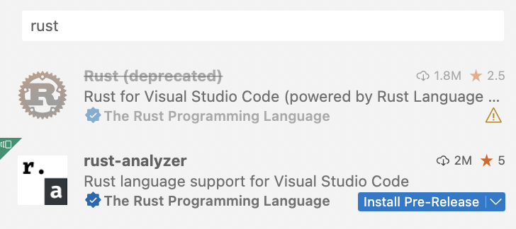 Rust extension shown as deprecated in extension search