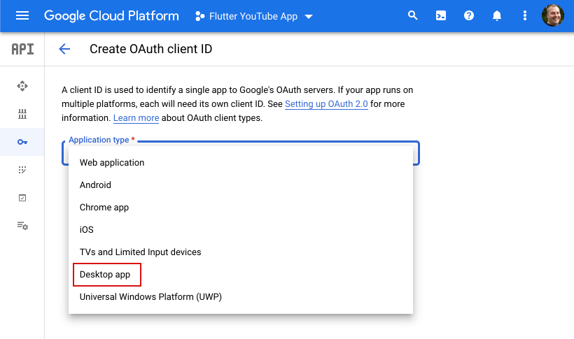 בחירת סוג האפליקציה 'אפליקציה למחשב'