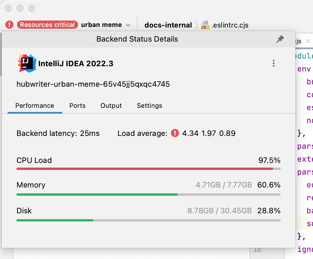 Screenshot of the "Performance" tab in the resources dropdown, showing CPU Load at 97.5%, Memory at 60.6%, and Disk at 28.8%.