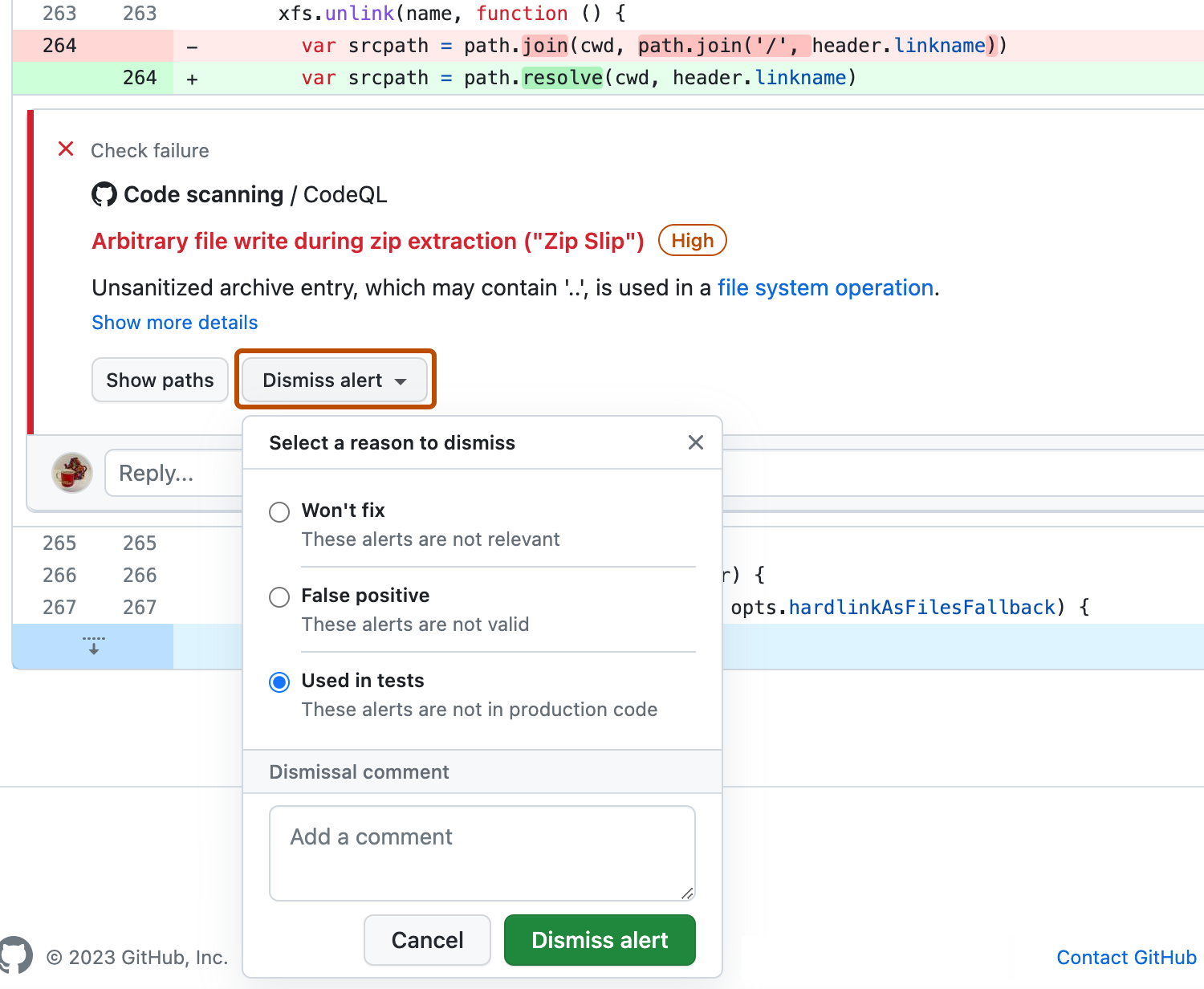 Screenshot of a check failure for code scanning. The "Dismiss alert" button is highlighted in dark orange. The "Dismiss alert" drop-down is shown.