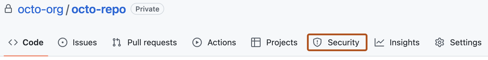Screenshot of a repository header showing the tabs. The "Security" tab is highlighted by a dark orange outline.