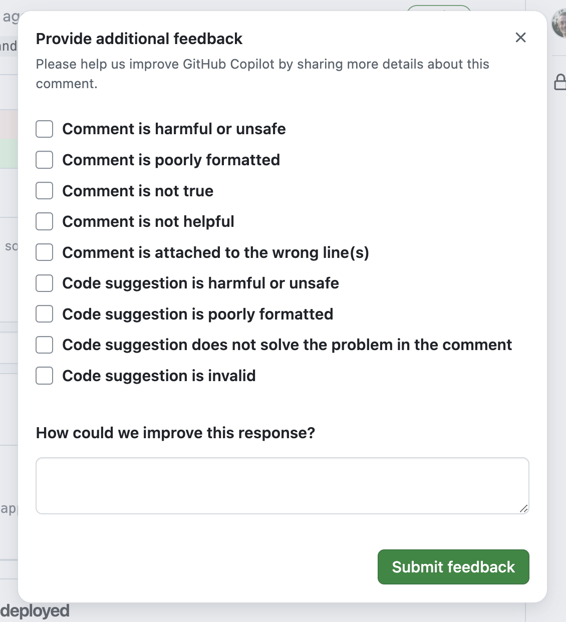 Screenshot of the form for providing additional information when you give negative feedback on a comment from Copilot.