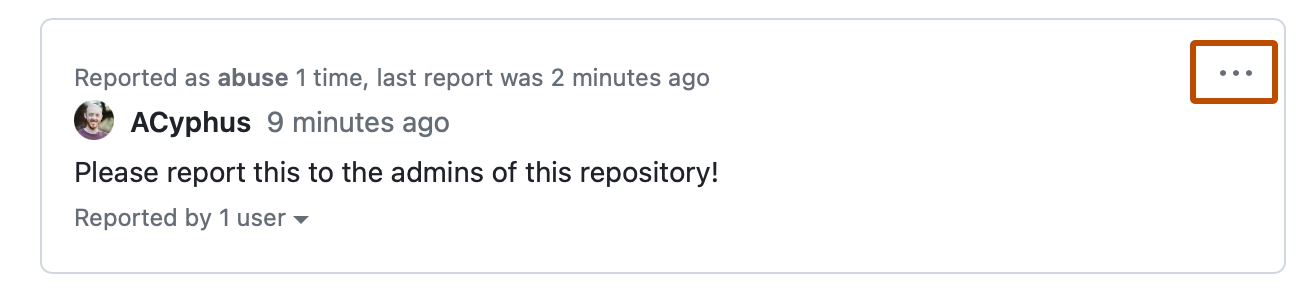 Captura de tela de um comentário relatado. No canto superior direito, há um ícone de kebab com o contorno em laranja escuro.