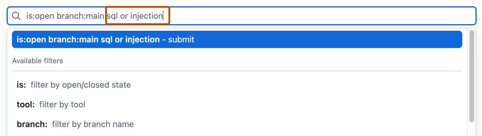 Screenshot of search field in alerts view. The field has pre-defined filters "is: open branch:main" and free text of "sql or injection" highlighted.