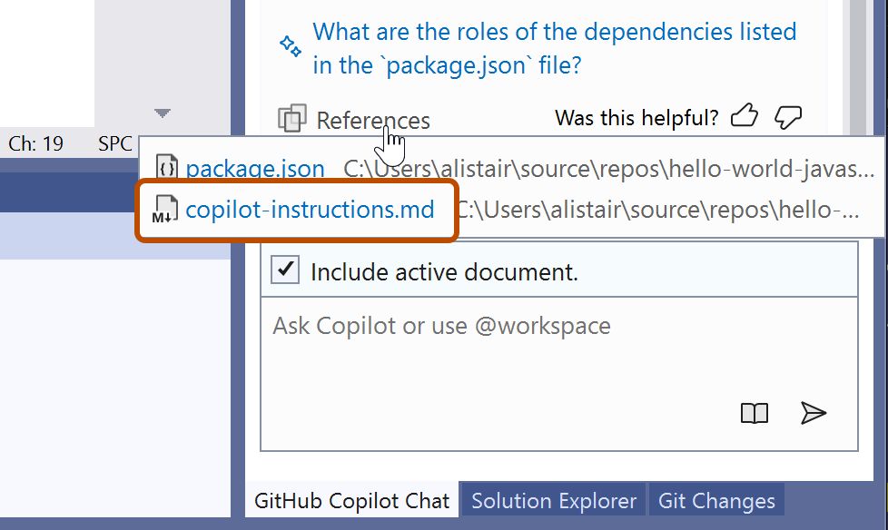 Screenshot of the References popup, showing the 'copilot-instructions.md' file highlighted with a dark orange outline.