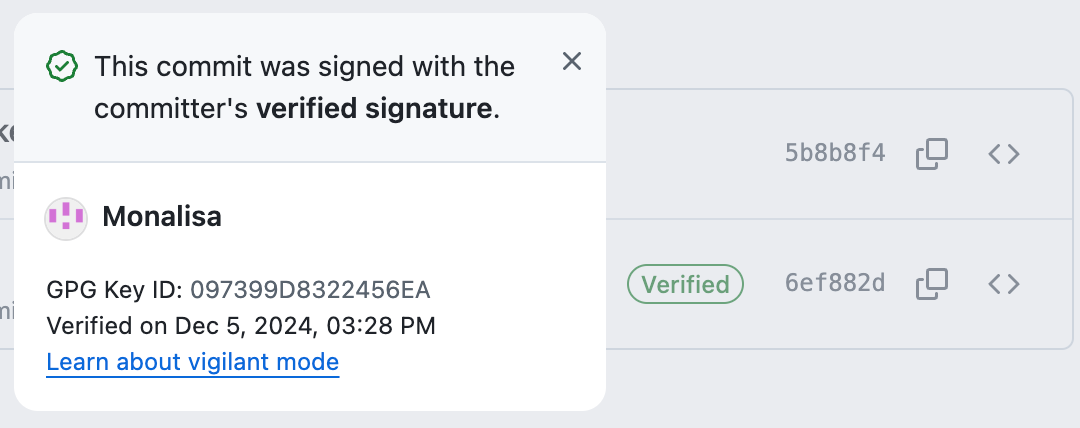 Screenshot of a list of commits. One commit is marked with a "Verified" label. Next to the label, a dropdown explains that the commit was signed and shows a timestamp of when it was signed.