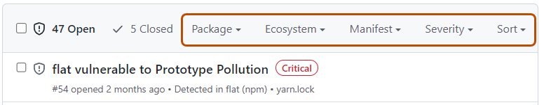 Screenshot of the filter and sort menus in the Dependabot alerts tab.
