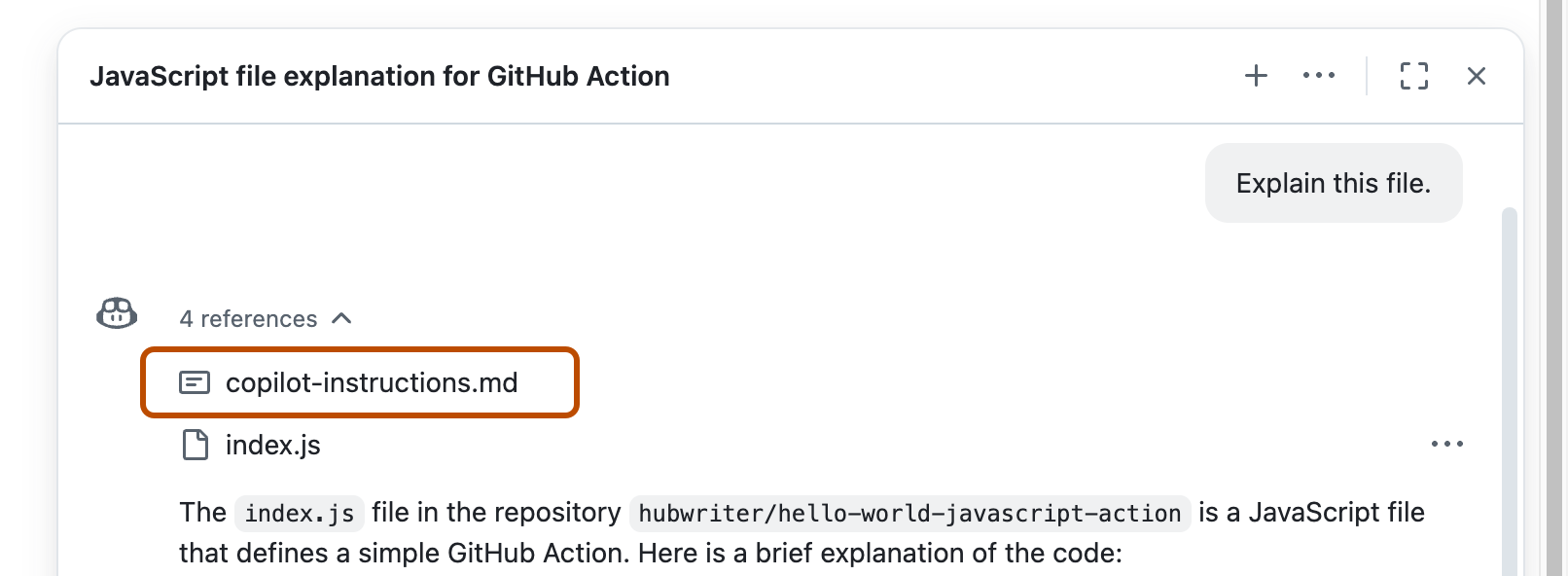 Screenshot of an expanded References list, showing the 'copilot-instructions.md' file highlighted with a dark organge outline.