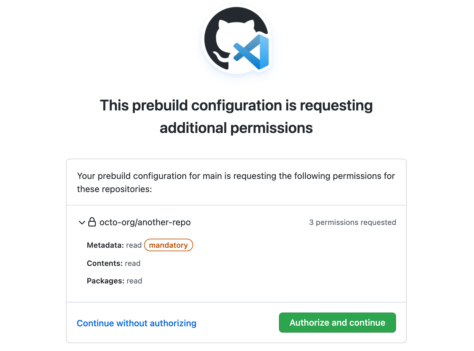 Screenshot of an authorization page for a prebuild configuration. Three permissions are listed in this request.