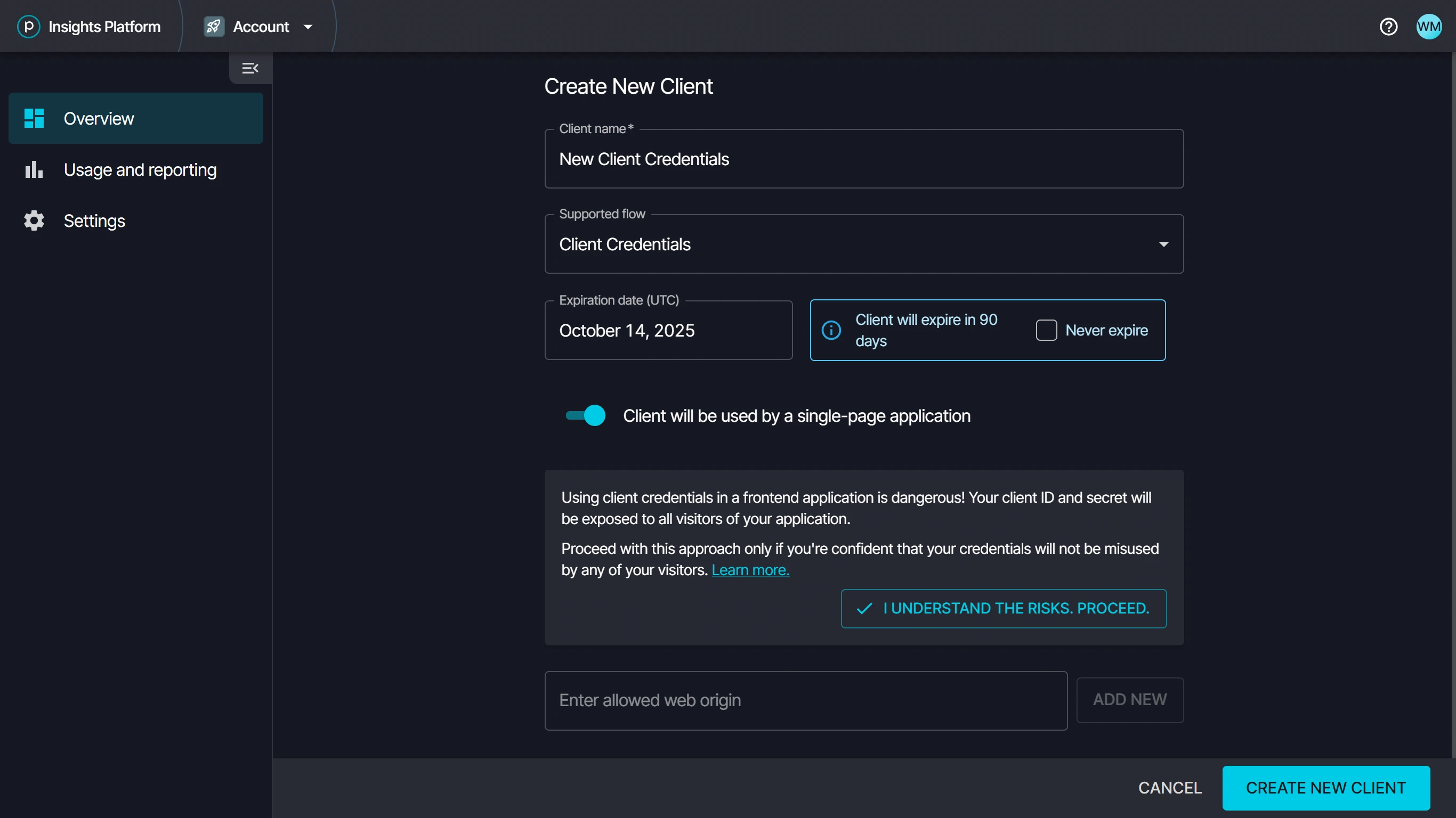 Create a new OAuth client.