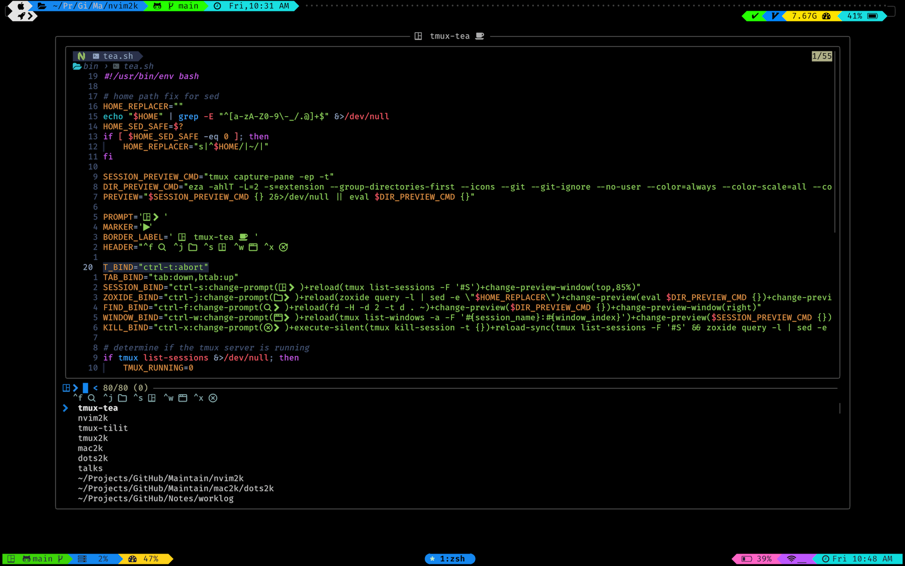 tmux-tea in action