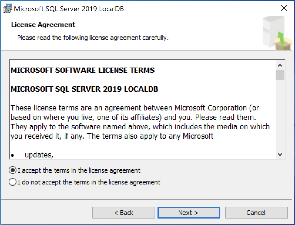 LocalDB 2019 setup dialog