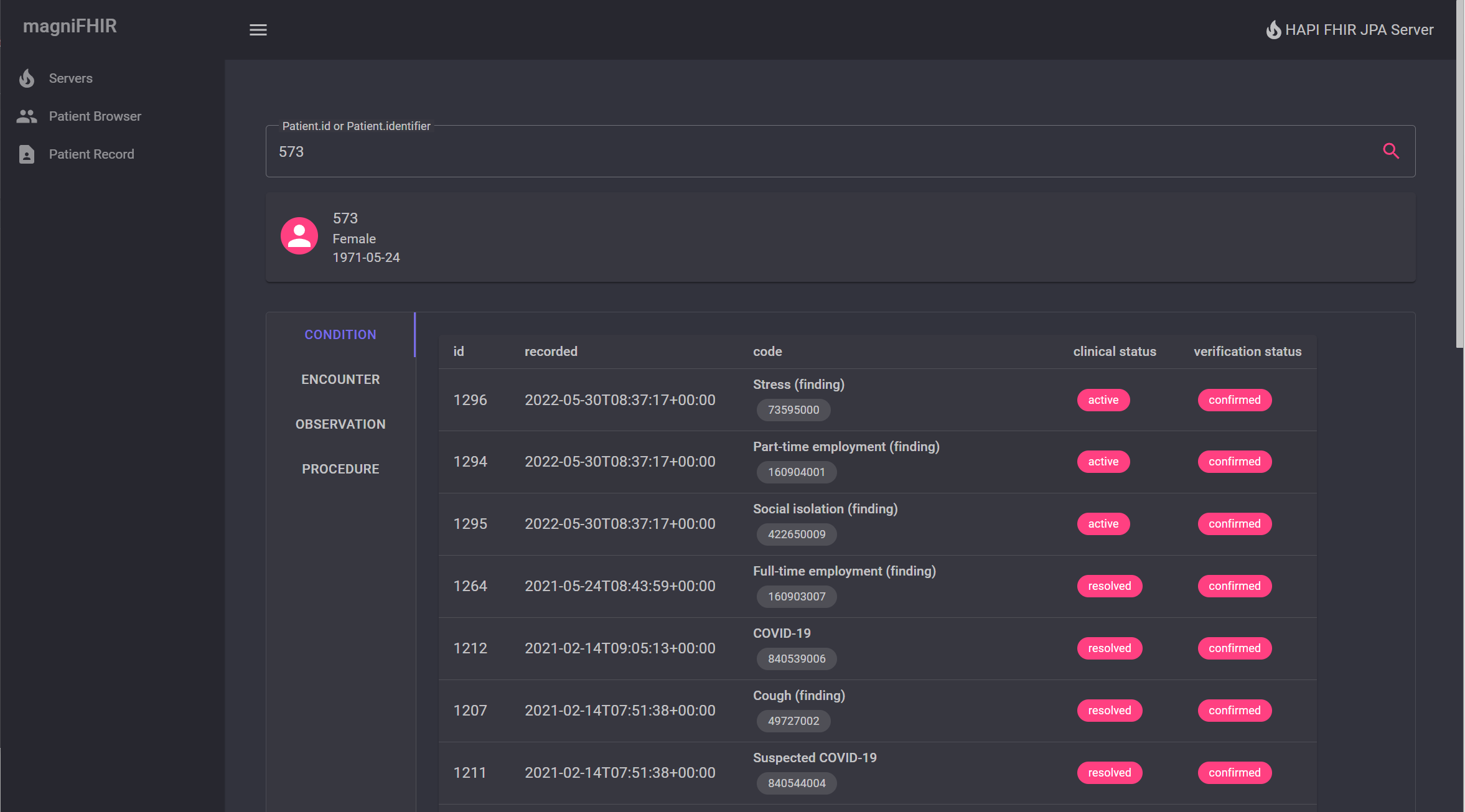 Screenshot showing the patient record conditions tab