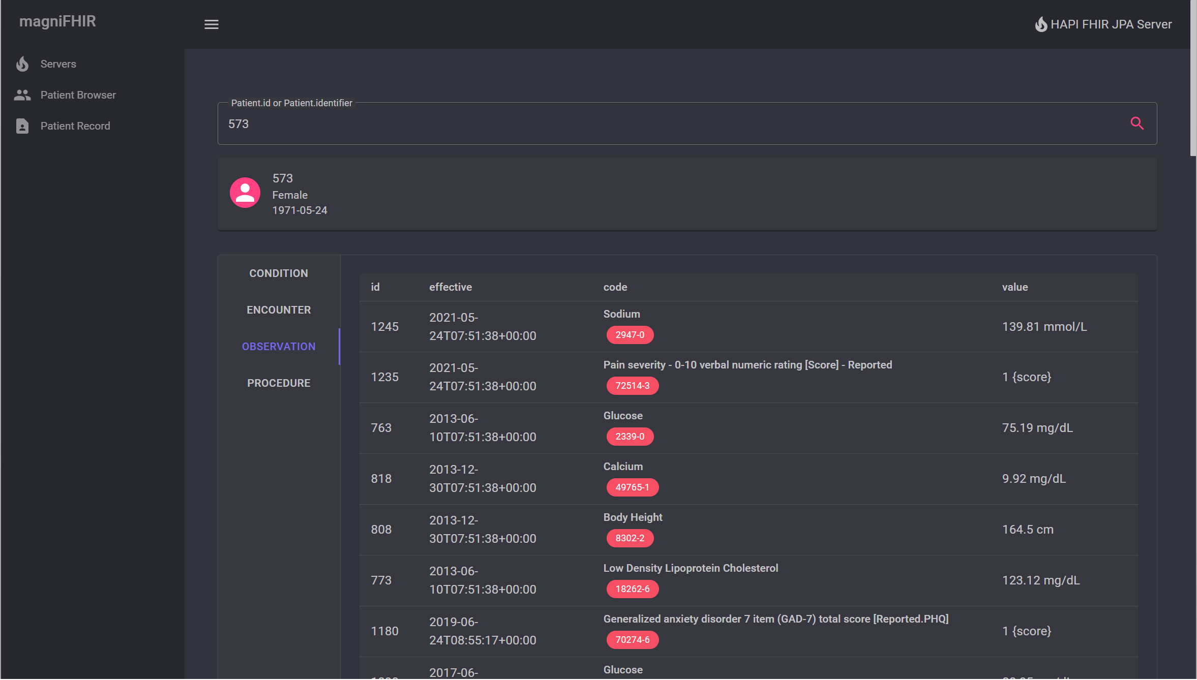 Screenshot showing the patient record observations tab