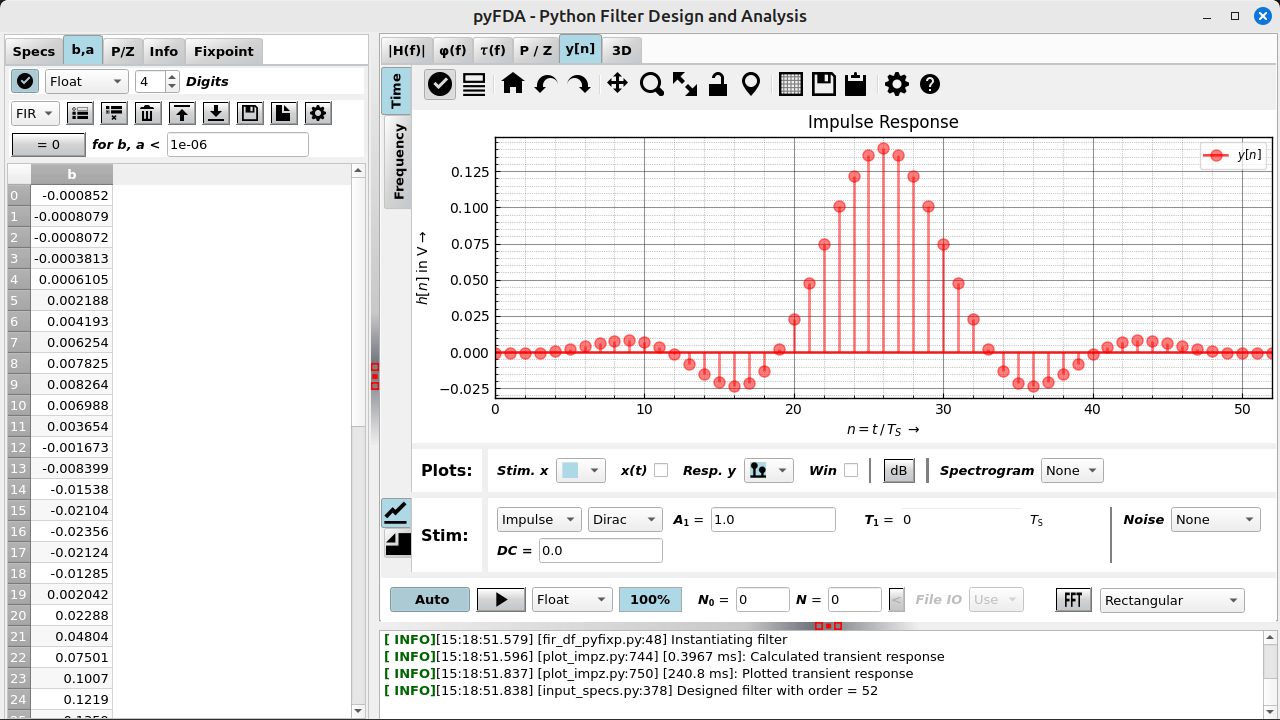 Screenshot pyfda, coefficients and transient response