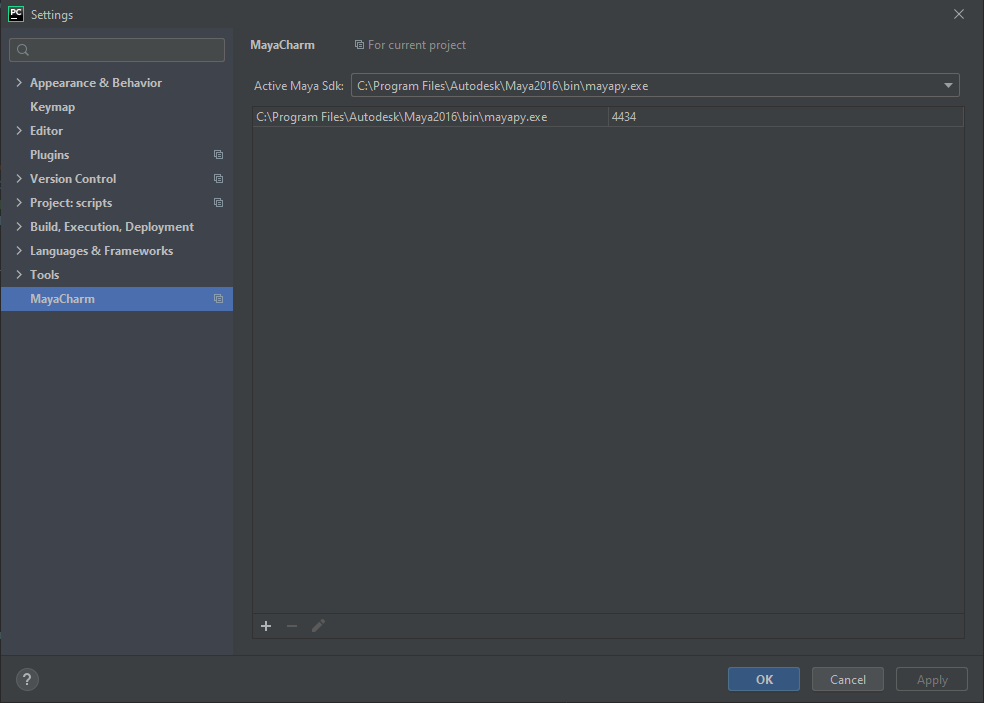 MayaCharm Settings Panel