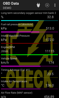 Screenshot of OBD data