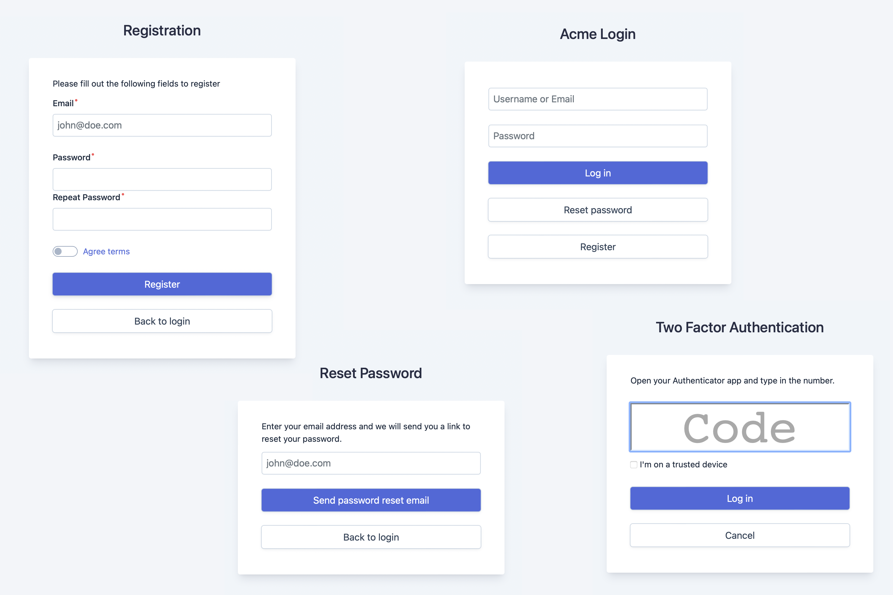 Ready to use Forms (Registration, mail verification, Login, 2FA, password reset