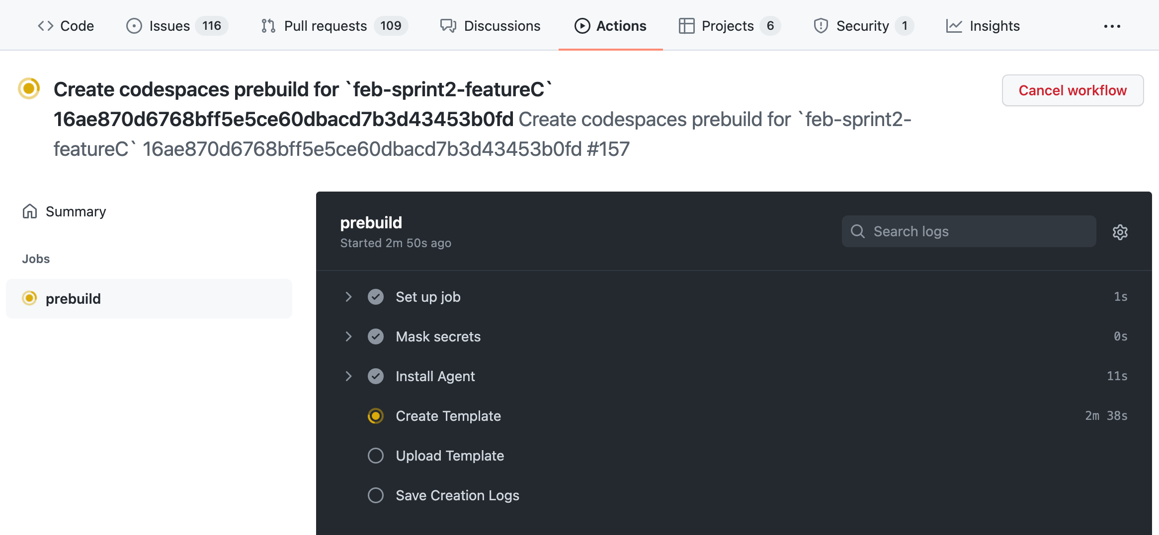 Screenshot of the prebuild workflow output in the "Actions" tab of {% data variables.product.github %}.