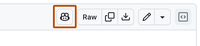 Screenshot of the {% data variables.product.prodname_copilot_short %} button, highlighted with a dark orange outline, at the top of the file view.