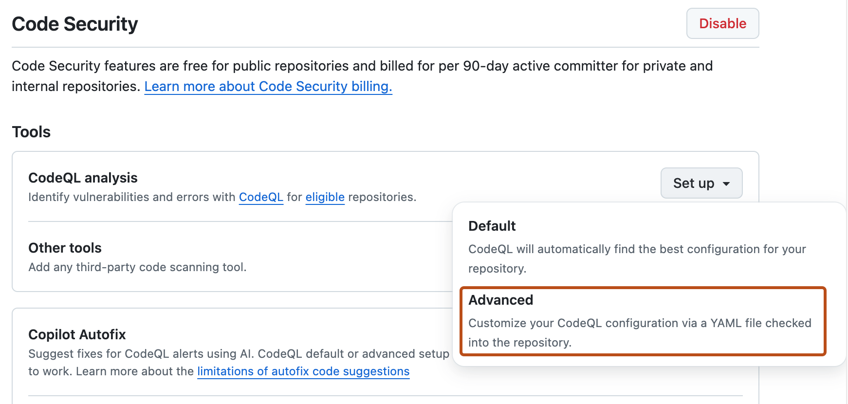 Screenshot of the "{% data variables.product.prodname_code_scanning_caps %}" section of "{% data variables.product.UI_advanced_security %}" settings. The "Advanced setup" button is highlighted with an orange outline.