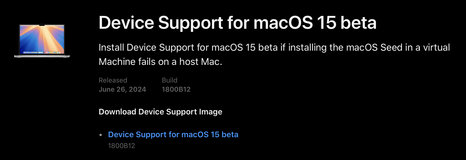 Screenshot of the Apple Developer device support download