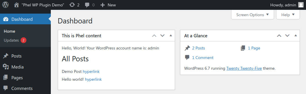 Image of WordPress 6.6.1 Admin Dashboard with this plugin installed