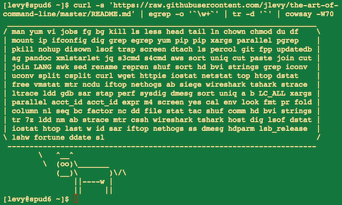 curl -s 'https://raw.githubusercontent.com/jlevy/the-art-of-command-line/master/README.md' | egrep -o '\w+' | tr -d '`' | cowsay -W50
