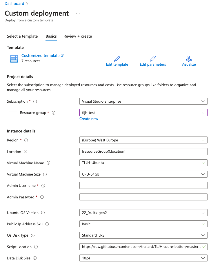 Azure dashboard - Custom deployment form