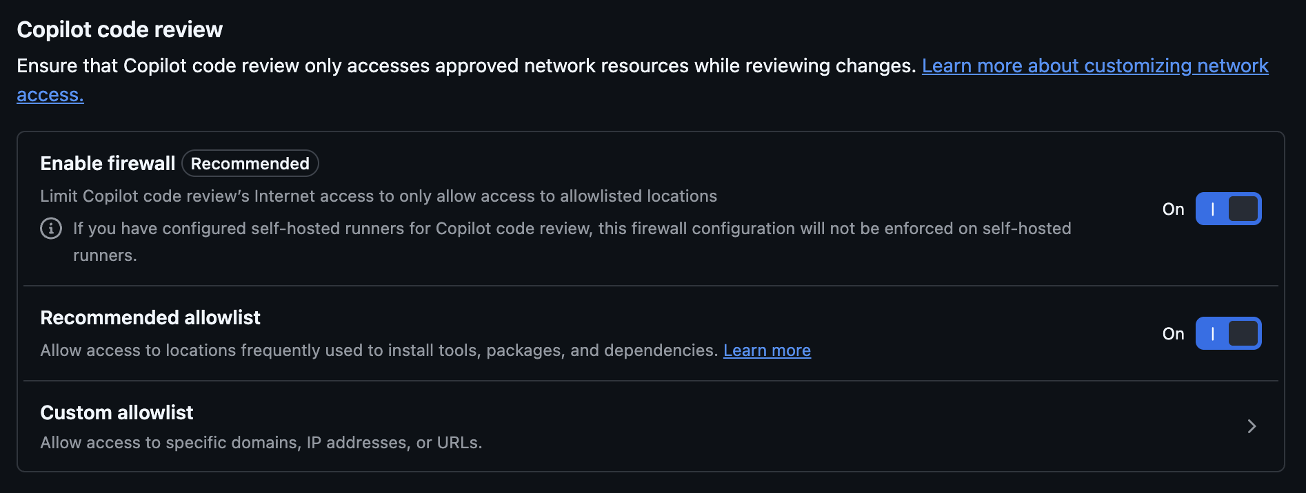 Screenshot of Firewall settings for Copilot code review