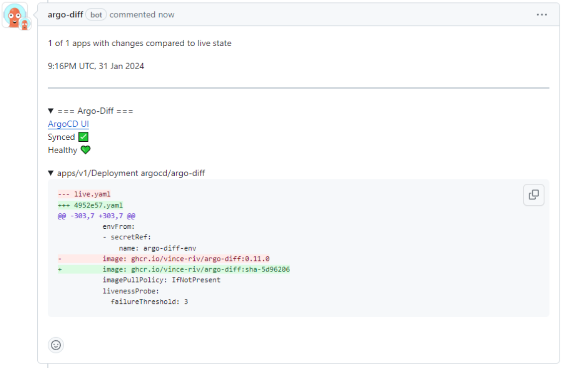 Example argo-diff comment showing a container image change