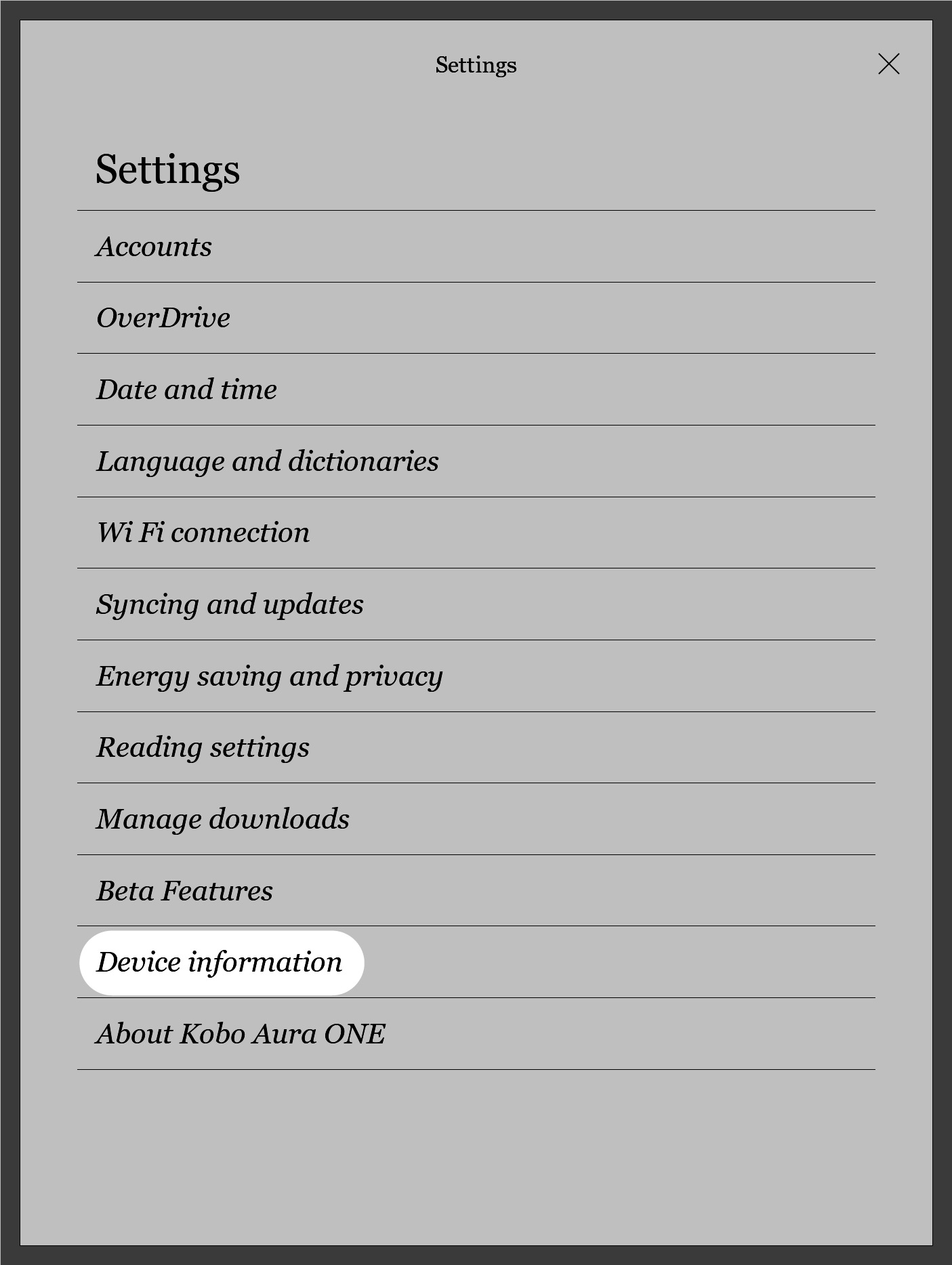 Kobo eReader Settings menu with Device information button highlighted.