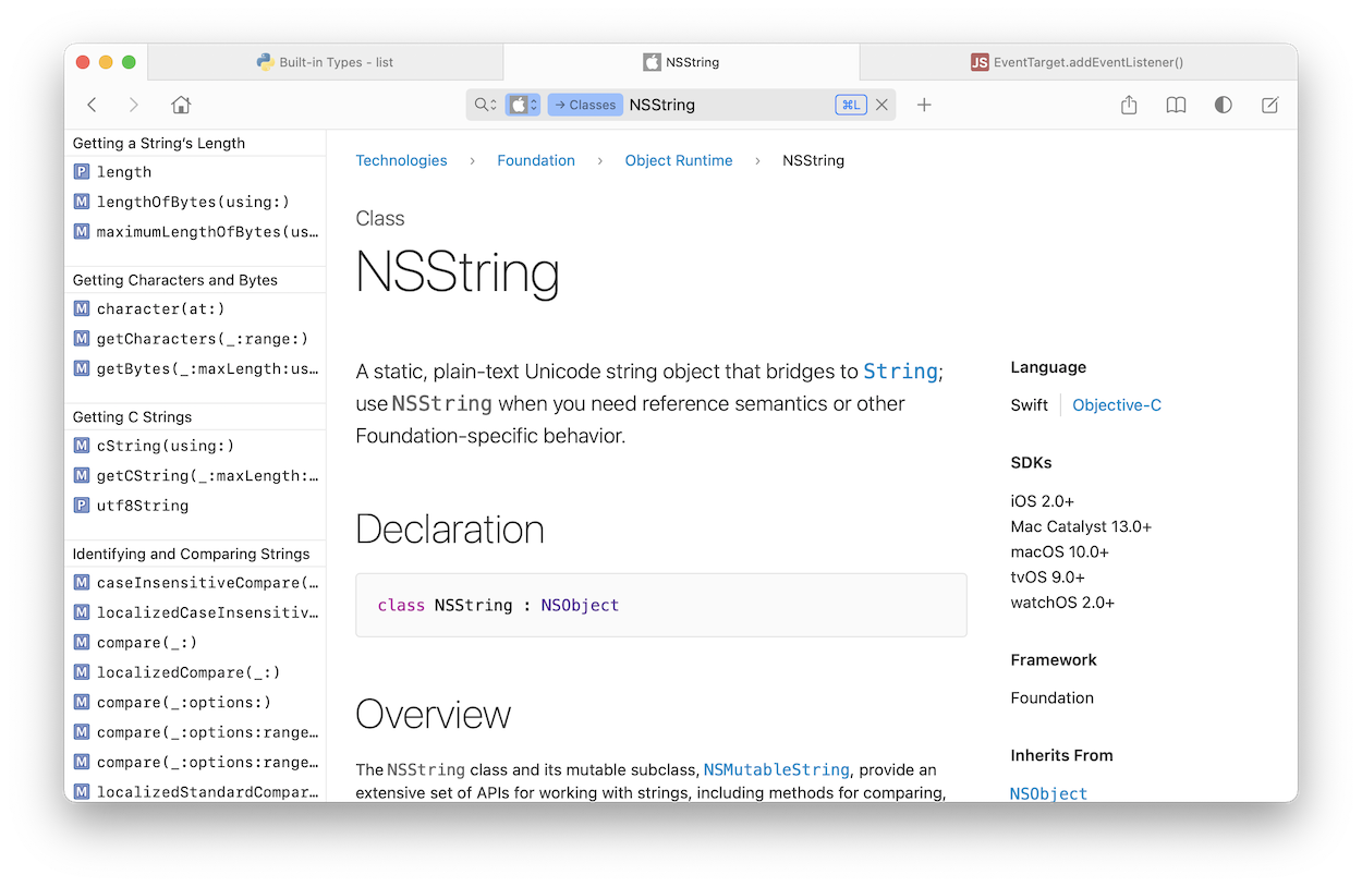 Dash documentation browser interface showing Swift API documentation with instant search