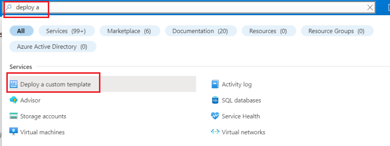 Screenshot of searching for custom template in Azure portal.