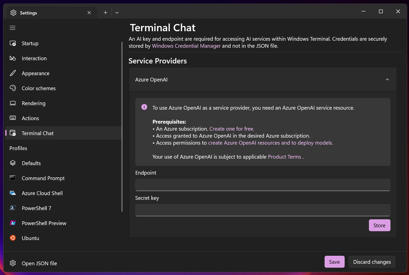 Screenshot of the Terminal Chat Settings for Azure OpenAI