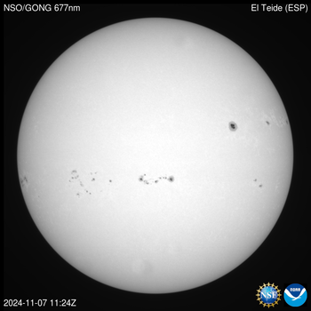 NSO GONG current white light (intensity) image of the Sun.