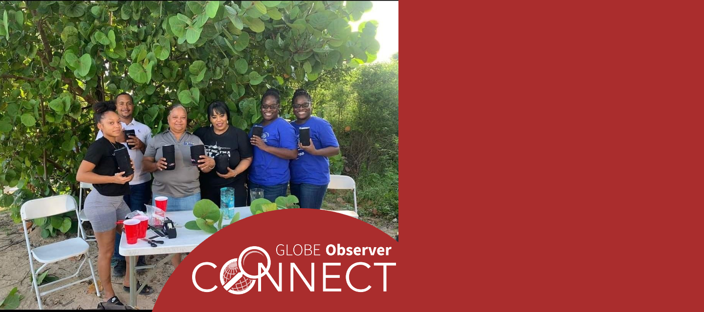 A group of people stand behind a table holding constructed mosquito larvae traps. The text says GLOBE Observer Connect.