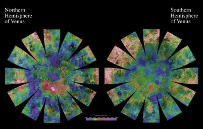 The images used for the base of this globe show the northern and southern hemispheres of Venus as revealed by more than a decade of radar investigations culminating in the 1990-1994 NASA Magellan mission.