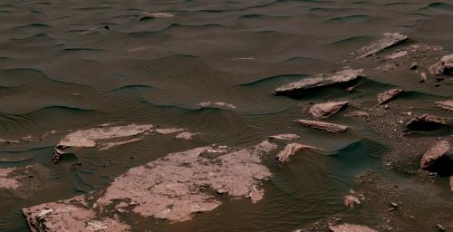 This view from the NASA's Curiosity Mars rover shows two scales of ripples, plus other textures, in an area where the mission examined a linear-shaped dune in the Bagnold dune field on lower Mount Sharp.