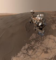 This self-portrait of NASA's Curiosity Mars rover shows the vehicle at 'Namib Dune,' where the rover's activities included scuffing into the dune with a wheel and scooping samples of sand for laboratory analysis.