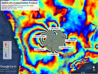 The NASA-supported ARIA project created this false-color map of ground movement resulting from the Mauna Loa volcano eruption in Hawaii. Surface displacements are depicted as colored fringes.