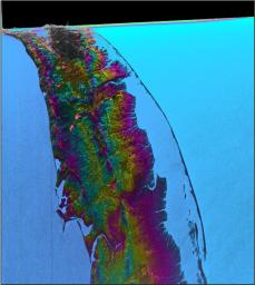 This visualization shows water features on New York's Long Island – shown as bright pink splotches. Purple, yellow, green, and dark blue shades represent different land elevations. The data was collected on Jan. 21, 2023, by SWOT's KaRIn instrument.