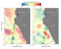 Data from the SWOT satellite shows sea level anomalies off the coast of Ecuador and Peru on Aug. 12, 2023, and Oct. 3, 2023. The data indicates the development of an El Niño along the west coast of the Americas.