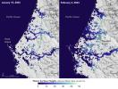 This image shows SWOT satellite data for water surface height in part of Mendocino County, Northern California, on Jan. 15, 2024, before several atmospheric rivers arrived, and on Feb. 4, after the first storms.