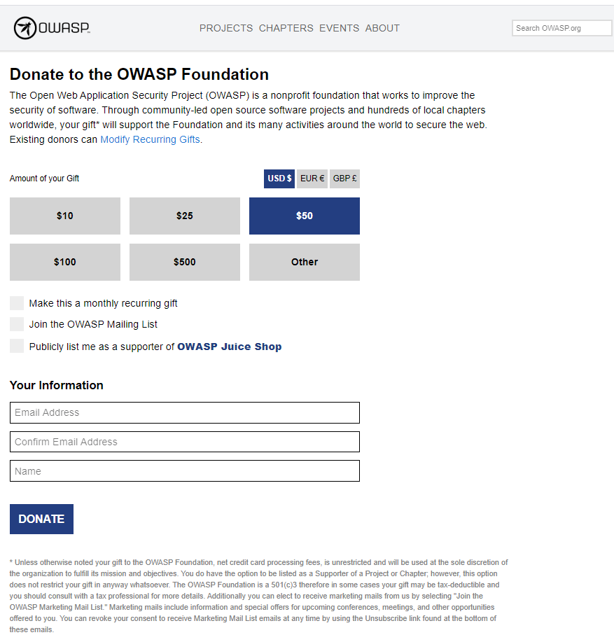 Donation form for Juice Shop