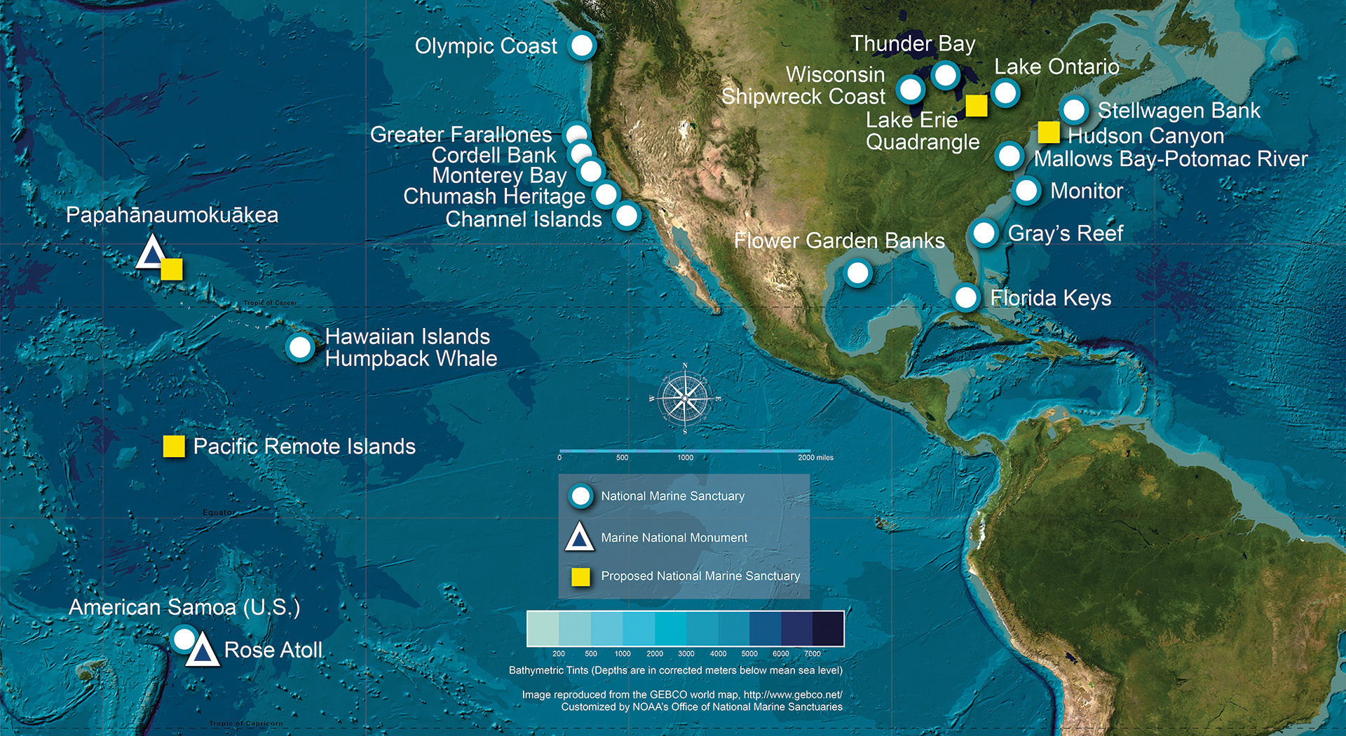 map highlighting national marine sanctuary locations