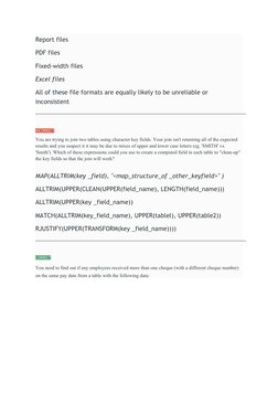 Report files
PDF files
Fixed-width files
Excel files
All of these file formats are equally likely to be unreliable or 
incons